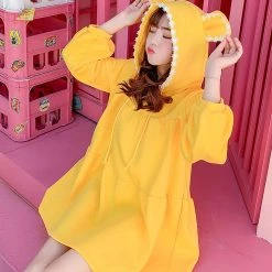 Juwas Bear Ears Yellow Short Dress Sweater Hoodie CLOTHING