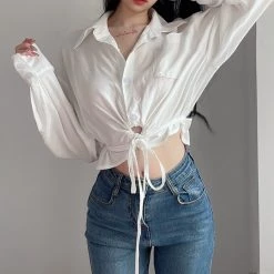 Juwas Chic White Waist Tie Crop Top Shirt