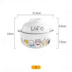 Juwas Cute Cartoon Kitties Print Ceramic Noodle Bowl Set