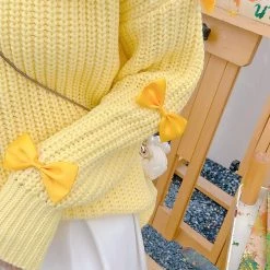 Juwas Yellow Knitted Ribbon Sleeve Collared Sweater NEW ARRIVAL