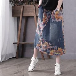 Juwas CLOTHING Retro Flower Patch Denim Midi Skirt