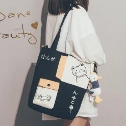 Juwas Trendy Japanese Cat Draw Tote Bag
