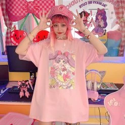 Juwas Sweet Animal Girl Print Loose Pink T-shirt