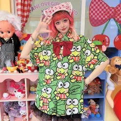 Juwas Harajuku Cartoon Frog Print Loose Shirt NEW ARRIVAL
