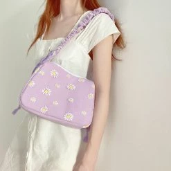 Juwas Lavender Daisy And Checkered Print Shoulder Bag