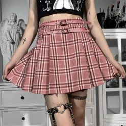 Juwas Pink School Girl Double Belt Plaid Skirt NEW ARRIVAL