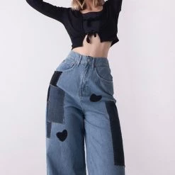 Juwas NEW ARRIVAL Vintage Hearts Patch Faded Denim Pants