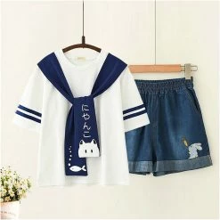 Juwas Animal Embroidery T-shirt Denim Shorts Set NEW ARRIVAL