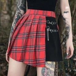 Juwas Punk Plaid Fake Cut Chain High-Waist Skirt NEW ARRIVAL