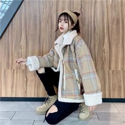 Juwas Vintage Plaid Warm Short Cotton Coat