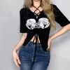 Juwas NEW ARRIVAL Gothic Print Lace Up Short T-shirt