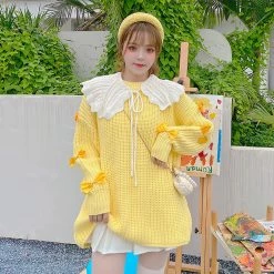 Juwas Yellow Knitted Ribbon Sleeve Collared Sweater NEW ARRIVAL