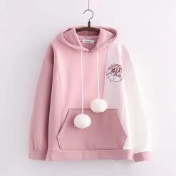 Juwas Japanese Cat Print Fuzzy Ball Drawstring Hoodie CLOTHING