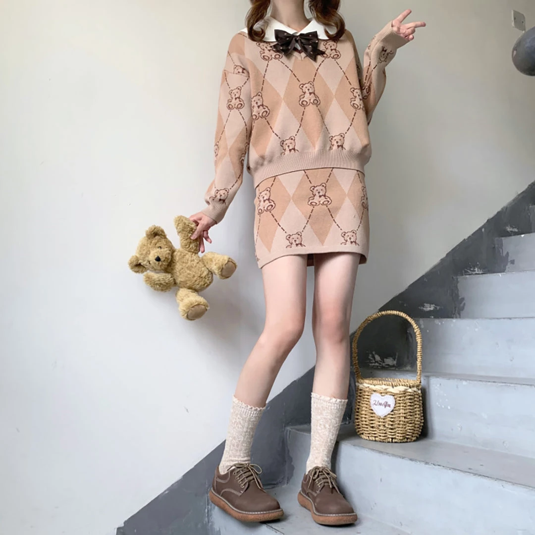 Juwas NEW ARRIVAL Vintage Cute Bear Diamond Pattern Sweater Skirt Set 8 Juwas NEW ARRIVAL Vintage Cute Bear Diamond Pattern Sweater Skirt Set
