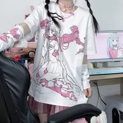 Juwas Anime Sad Mecha Girl Graphic Loose Tee Shirt NEW ARRIVAL