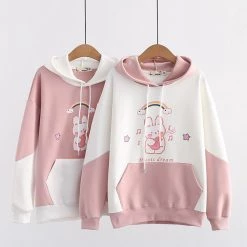 Juwas Rainbow Rabbit Print Pocket Warm Hoodie CLOTHING
