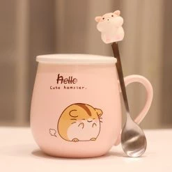 Juwas Pastel Pink Hamster Mug With Lid And Spoon