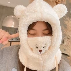 Juwas Fluffy Bear Mask Hat