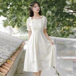 Juwas NEW ARRIVAL French Vintage Square Neck Bowknot Dress