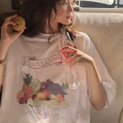 Juwas Vintage Fruit Print Loose T-shirt NEW ARRIVAL