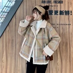 Juwas Vintage Plaid Warm Short Cotton Coat