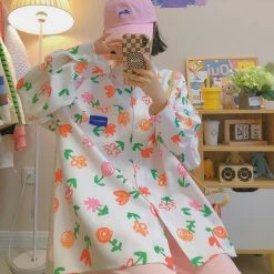 Juwas NEW ARRIVAL Japanese Flower Print Long Sleeve Shirt