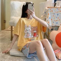 Juwas NEW ARRIVAL Bear And Rabbit Print Summer Cotton Pajamas Set