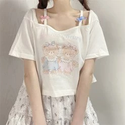 Juwas Cartoon Bear Print Off The Shoulder Short T-shirt