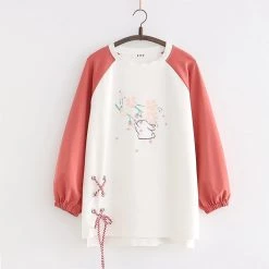 Juwas Rabbit Flower Print Two-Tone Sweatshirt