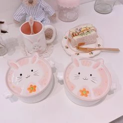 Juwas Kawaii Pink Rabbit Bowl With Cover Plate