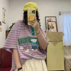 Juwas Vintage Cartoon Embroidery Stripe Loose T-shirt