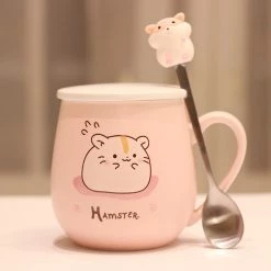 Juwas Pastel Pink Hamster Mug With Lid And Spoon