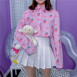 Juwas Sweet Strawberry Buttoned Long Sleeve Top NEW ARRIVAL