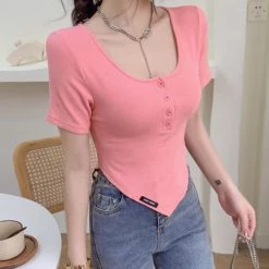 Juwas Basic Pastel Square Neck Irregular T-Shirt
