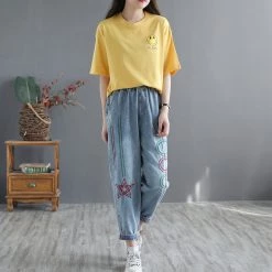 Juwas Retro Embroidery Elastic Waist Cropped Jeans NEW ARRIVAL