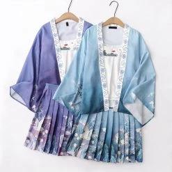 Juwas Japanese Ocean Blue Print Kimono And Pleated Skirt Set