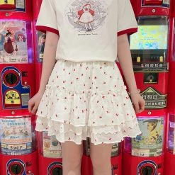 Juwas Kawaii Cherry Print Ruffles Hight Waist Skirt NEW ARRIVAL