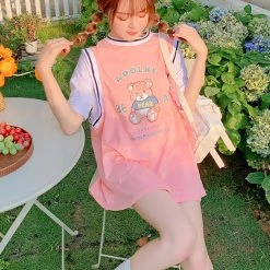 Juwas Bear Print Oversize Pink Jersey Shirt NEW ARRIVAL