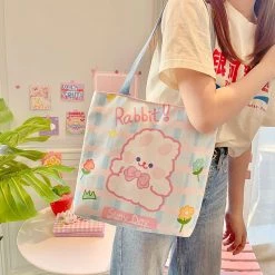 Juwas Blush Rabbit Rose Plaid Tote Hand Bag