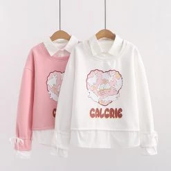 Juwas Cute Rabbit Print Fake Two Piece Hoodie CLOTHING