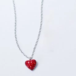 Juwas Red Heart Crystal Pendant Silver Necklace