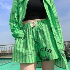 Juwas NEW ARRIVAL Stripe Graffiti-art Green Shirt Short Streetwear 12 Juwas NEW ARRIVAL Stripe Graffiti-art Green Shirt Short Streetwear