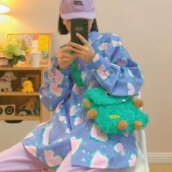 Juwas Chic Pastel Blue Printed Button Up Loose Shirt