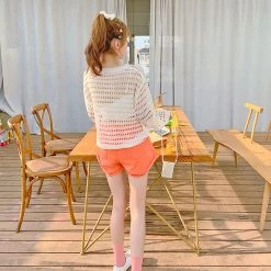 Juwas NEW ARRIVAL Strawberry Mesh Hole Loose Sweater Blouse