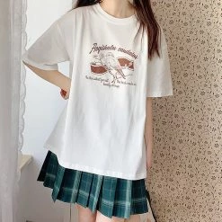 Juwas NEW ARRIVAL Vintage Girl Print Loose Round Collar T-shirt