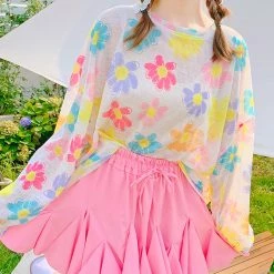 Juwas CLOTHING Flower Prints Loose Sweater Shirt