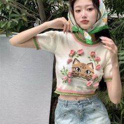 Juwas Flower Tiger Embroidery Short Sleeve Tops NEW ARRIVAL