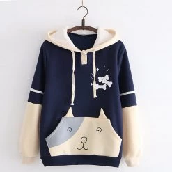 Juwas Cute Puppy Print Pocket Velvet Hoodie