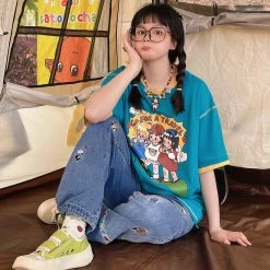 Juwas Cartoon Girls Print Cotton T-shirt