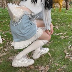 Juwas Ribbon Lace Up Ruffle High Waisted Denim Skirt